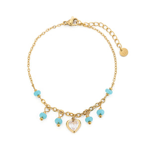 Armband turquoise bedels met strass hart goud