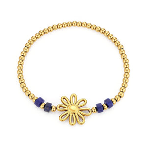 Armband blauwe kralen bloem stretch goud