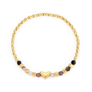 Armband gekleurde kralen hart stretch goud
