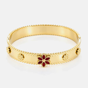 Flower bangle with red stones - Goud
