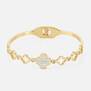 Open clover bangle with rhinestones - Goud