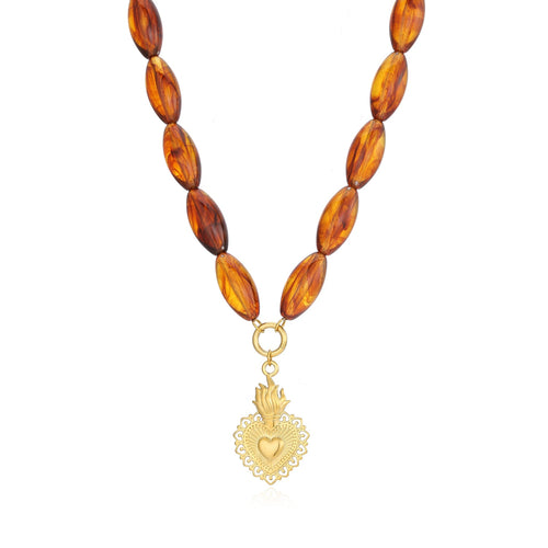 Ketting bruine kralen met fancy hart