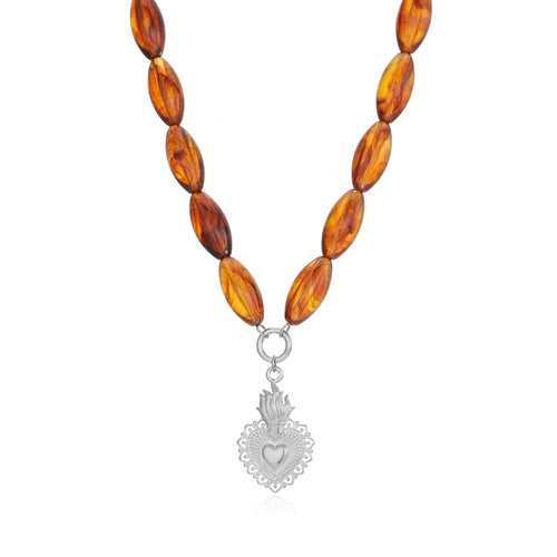 Ketting bruine kralen met fancy hart