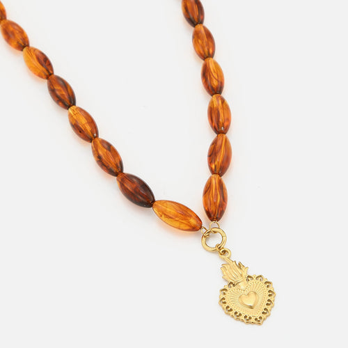 Ketting bruine kralen met fancy hart