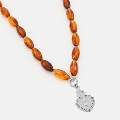 Ketting bruine kralen met fancy hart