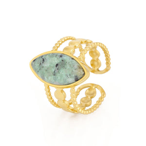 Three-layer ring with green natural stone