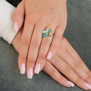 Ring turquoise bloem goud